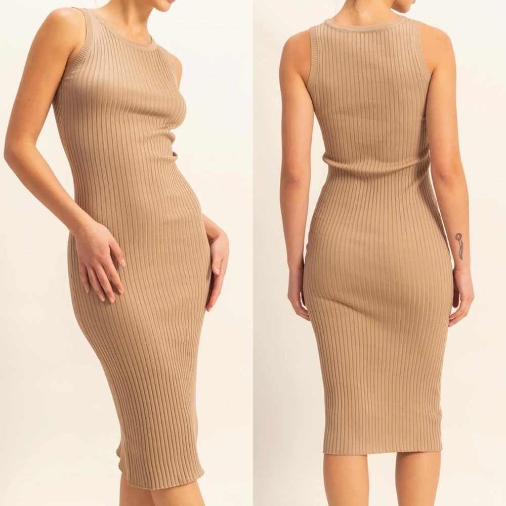 NEW Double Zero Taupe Ribbed Bodycon Midi Dress Sleeveless Neutral Size Large